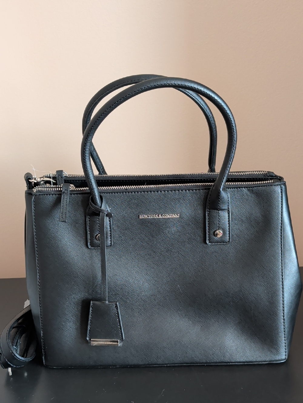 New York & Company Black Saffiano Satchel with Detachable Strap